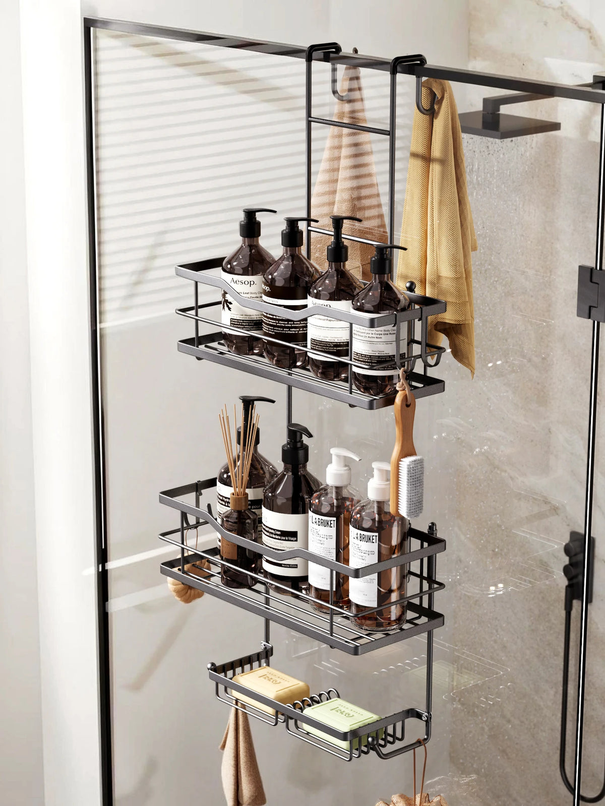 3-tier hanging shower caddy, large capacity hanging shower caddy
