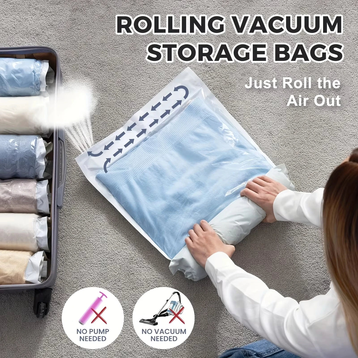 2pcs Vacuum Storage Bags, Hand-Rolled Travel Vacuum Storage Bags For Towels, Socks, Clothes, More , No Pump Needed