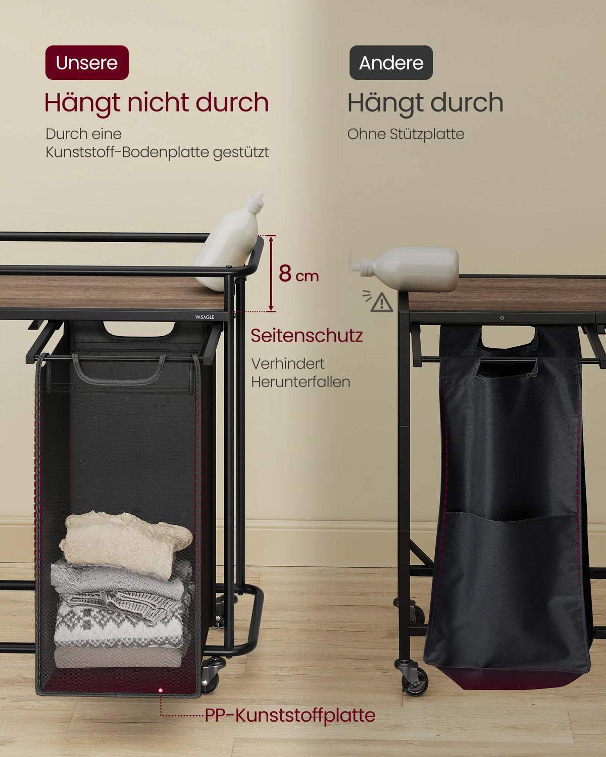 Laundry basket with 3 compartments, cart with shelf, black-brown