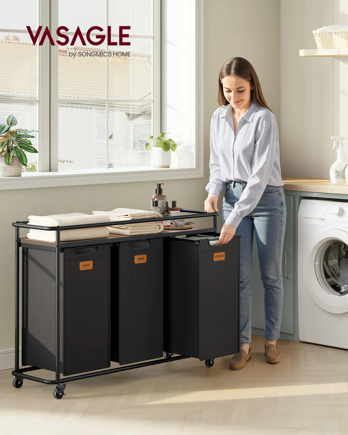 Laundry basket with 3 compartments, cart with shelf, black-brown