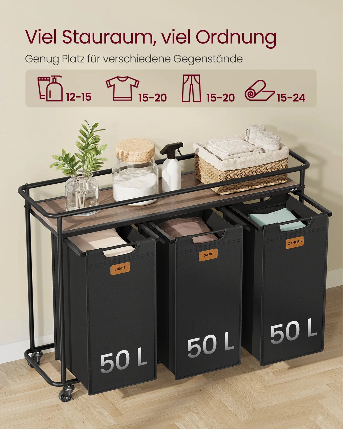 Laundry basket with 3 compartments, cart with shelf, black-brown