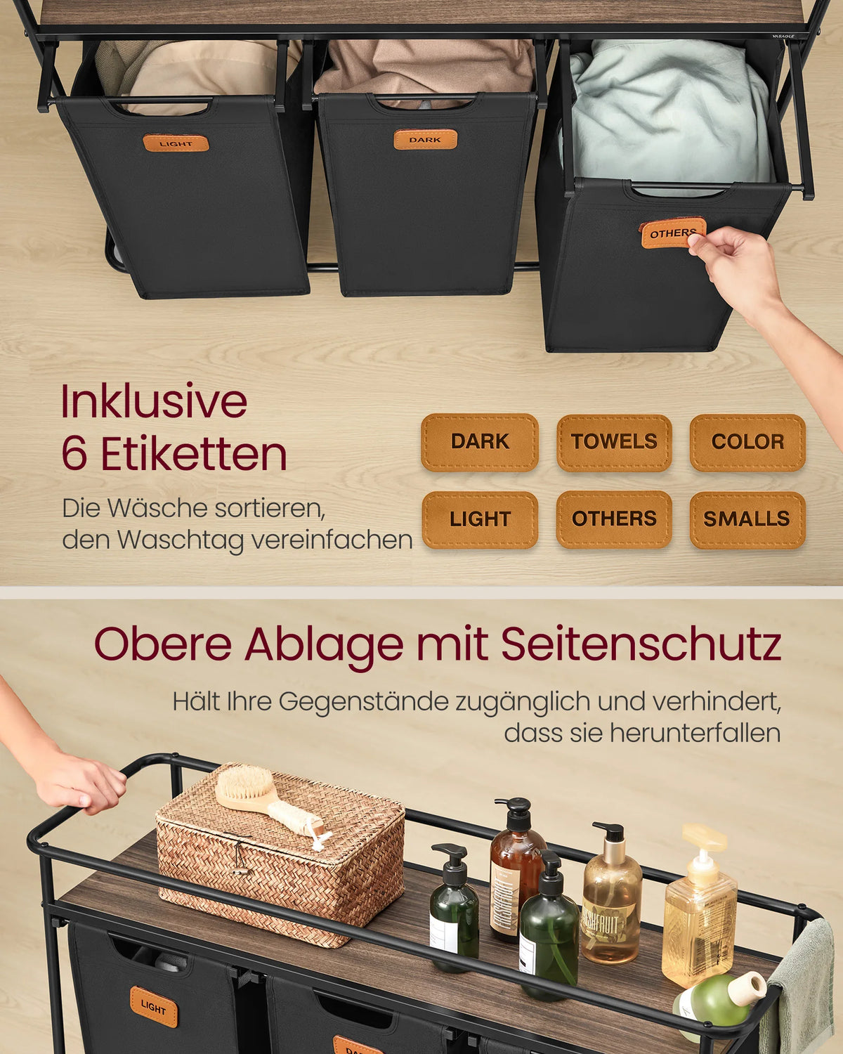 Laundry basket with 3 compartments, cart with shelf, black-brown