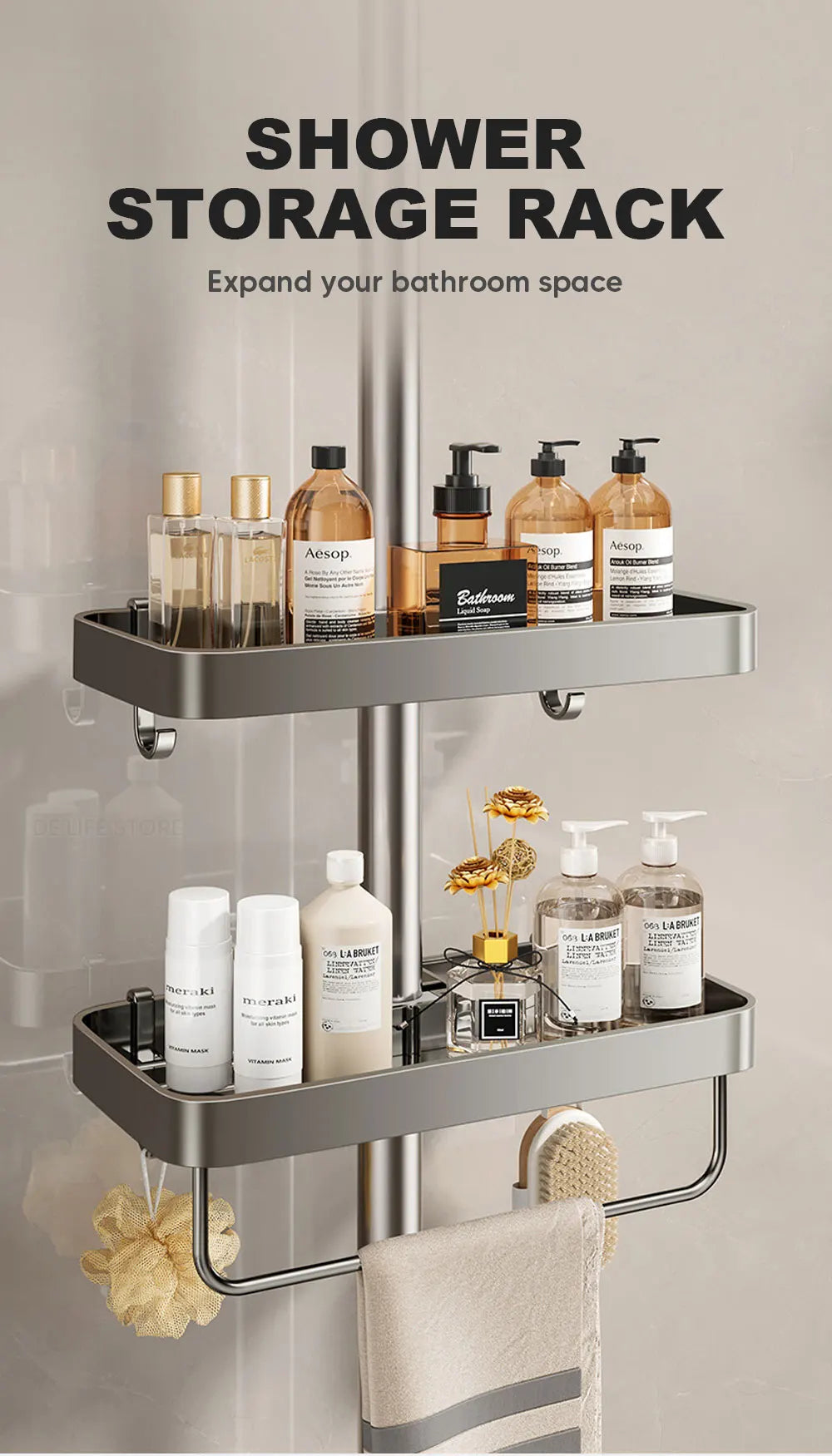 1/2PCS Punch-Free Shower Caddy With Towel Rod Bathroom Shelf